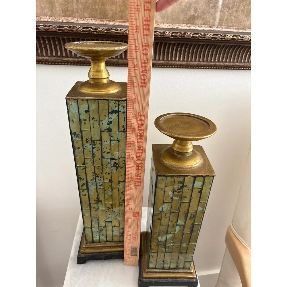 Vintage Pierre One Set of 2 Gold Verdigris Mirrored Mosaic Pillar Candle Holder